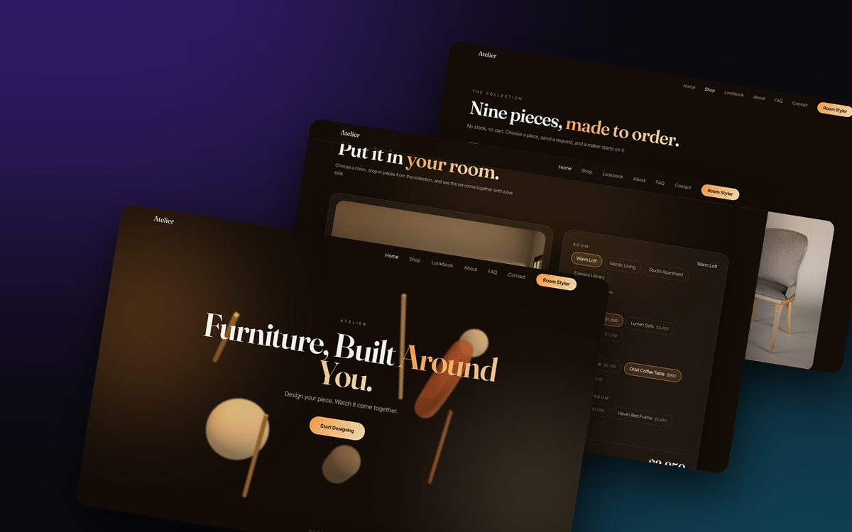 Atelier custom furniture brand website screens