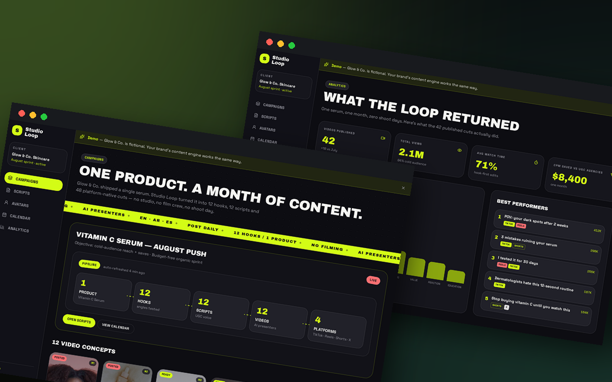 Studio Loop AI content studio campaigns and analytics screens