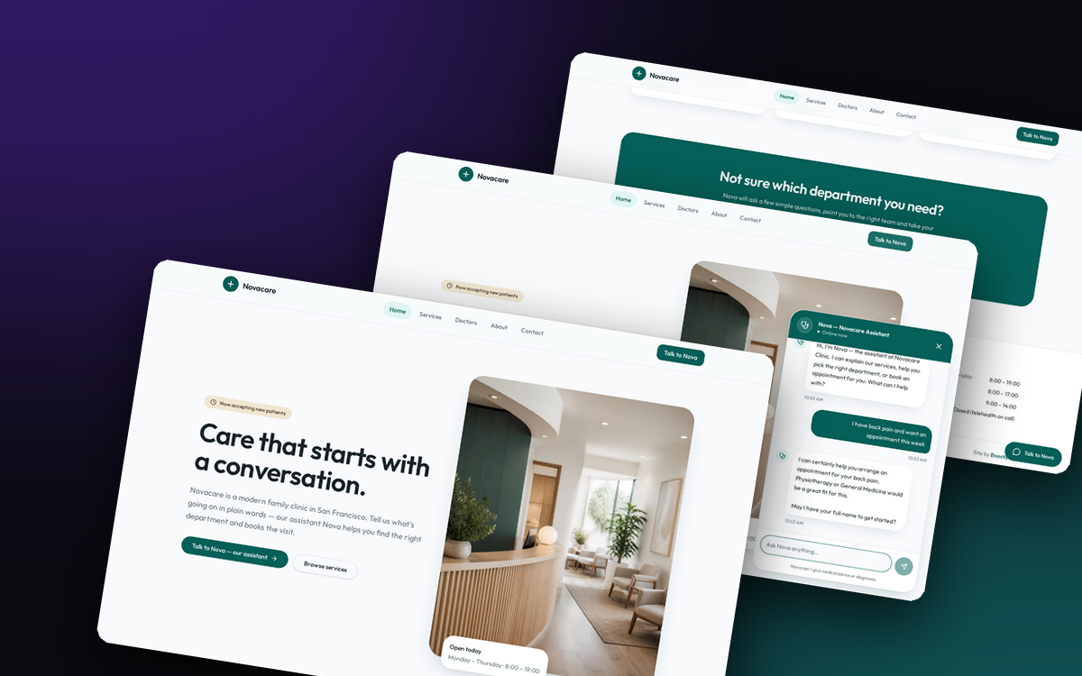 NovaCare Clinic AI intake assistant website screens