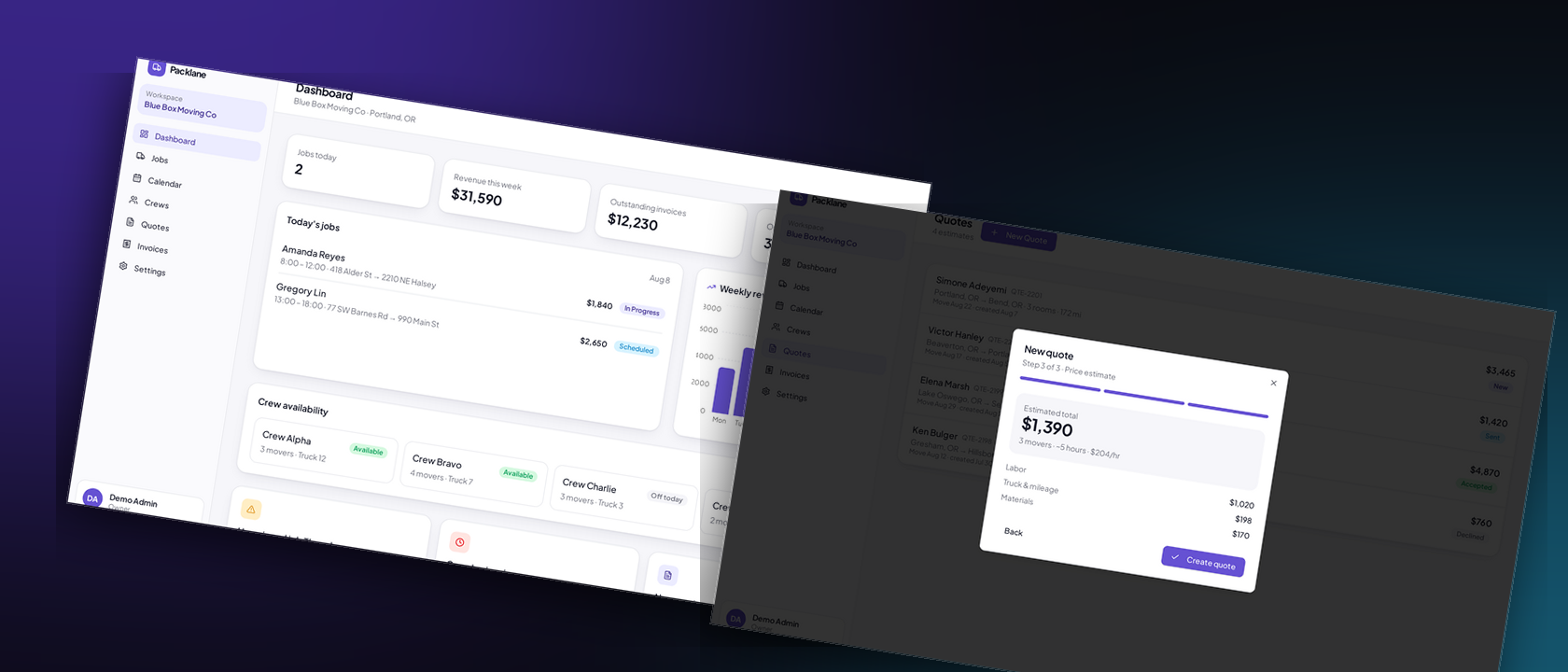 Packlane software dashboard and quote builder screens