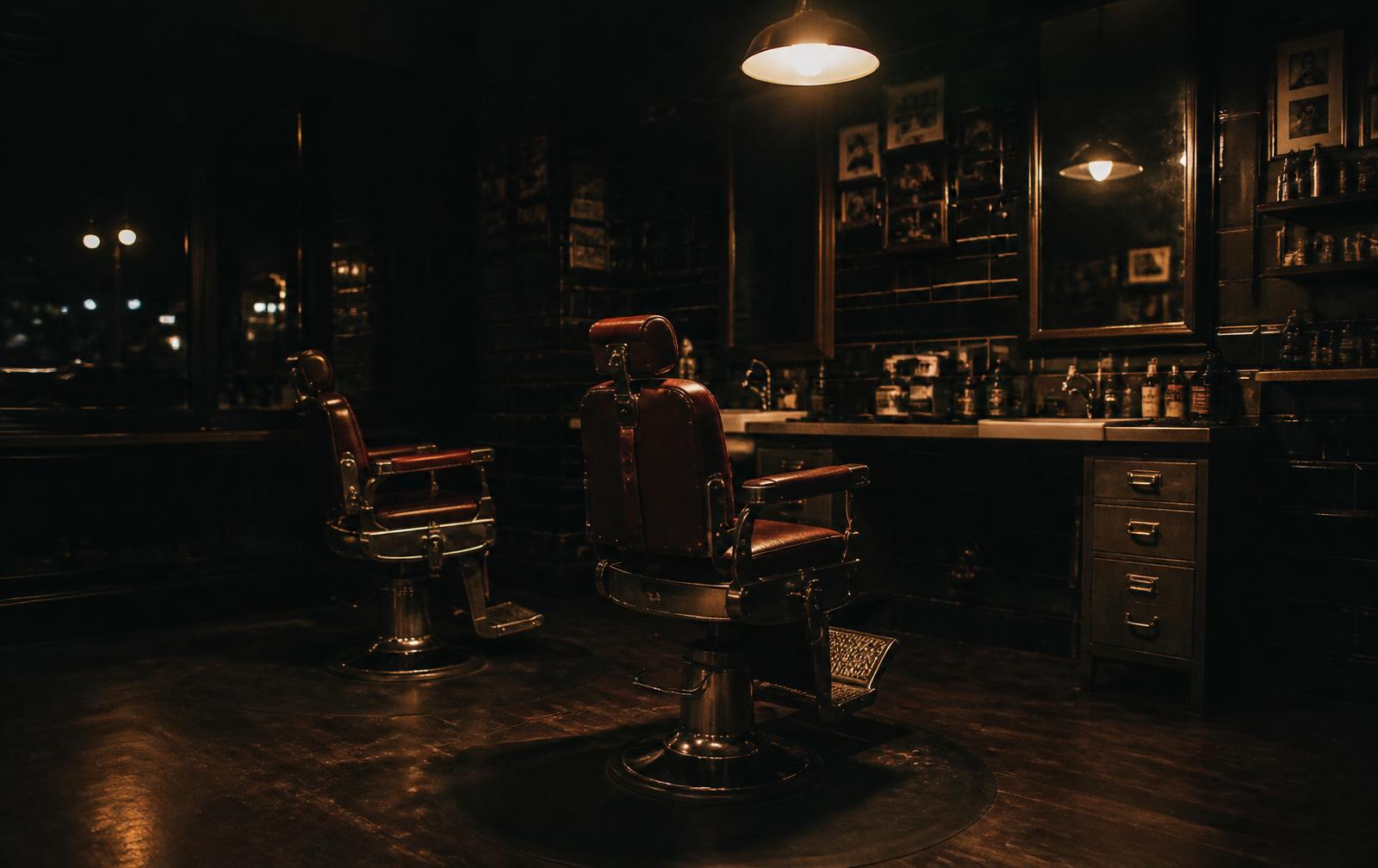 The two-chair barber room at night under a single pendant lamp