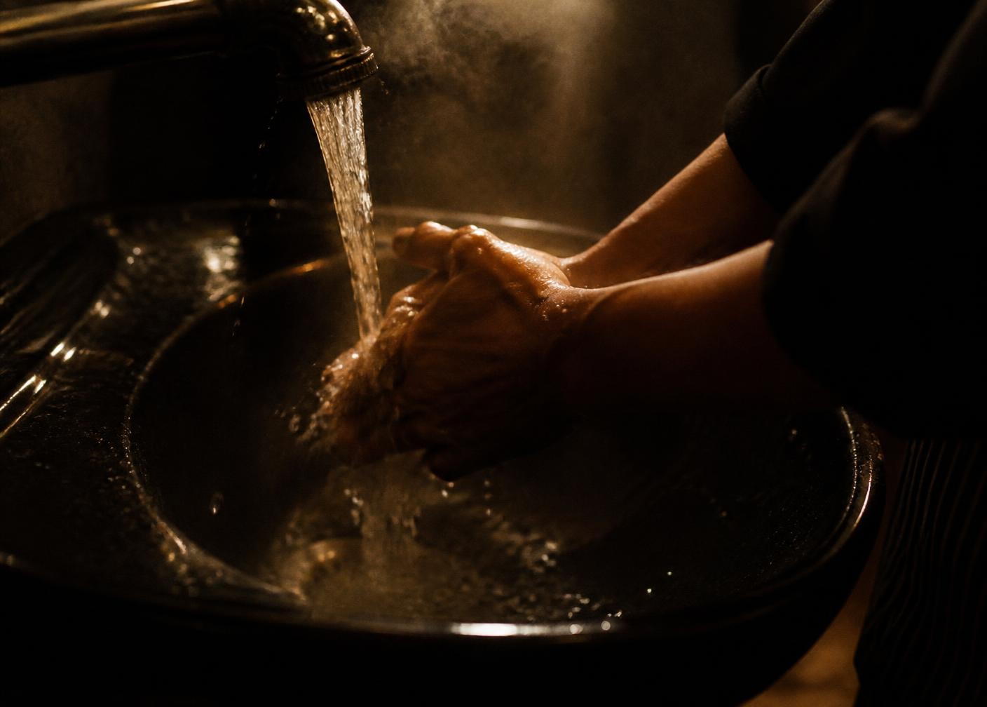 Warm water running over hands at a dark basin