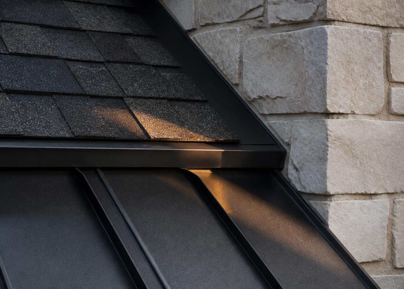 Shingle courses, standing seam metal edge and limestone wall meeting a drip edge