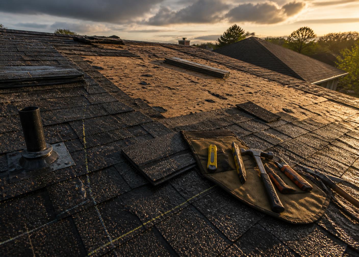 Roof under repair after a hailstorm with storm clouds retreating
